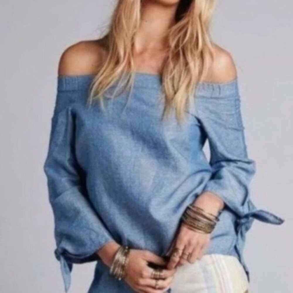 Free People Boho Linen Cottagecore Coastal Show Me Shoulder Oversized Top